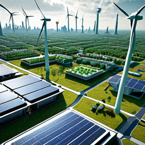 Home 21 **
A futuristic cityscape powered by quantum computers and renewable energy sources, emphasizing green energy infrastructure like solar farms and wind turbines seamlessly integrated into the urban environment. Show scientists and engineers working on quantum technology with a focus on sustainability.
**