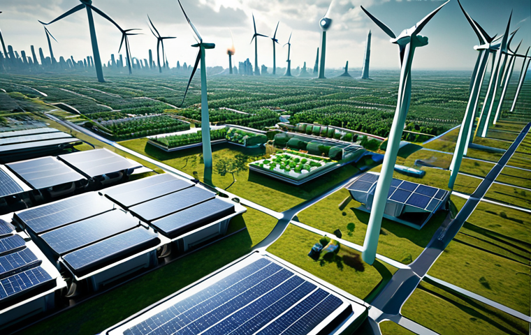 **

A futuristic cityscape powered by quantum computers and renewable energy sources, emphasizing green energy infrastructure like solar farms and wind turbines seamlessly integrated into the urban environment. Show scientists and engineers working on quantum technology with a focus on sustainability.

**