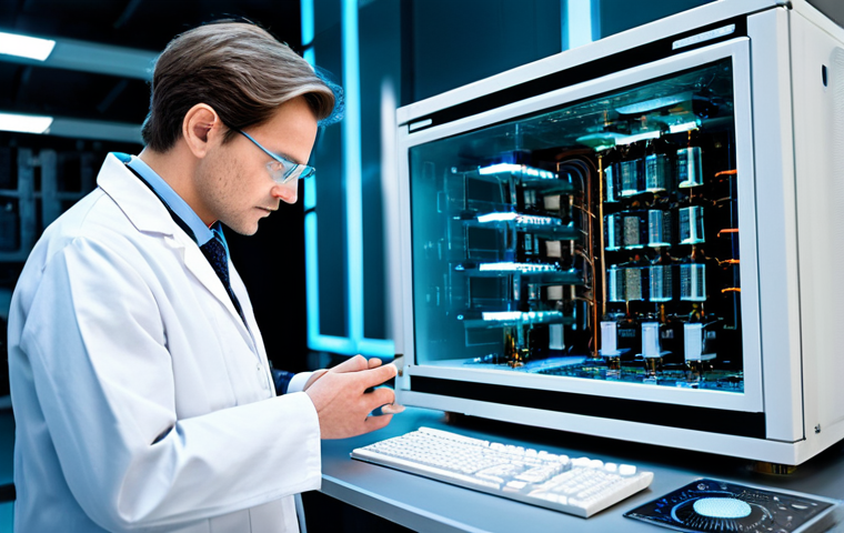 A professional male scientist, fully clothed in a clean lab coat over professional dress, intensely observing a state-of-the-art quantum computer setup in a pristine, futuristic laboratory. The quantum computer features intricate, glowing components and ultra-cold cryostats, emphasizing its advanced nature. The scientist has a focused, natural pose, with perfect anatomy and correct proportions, including well-formed hands and proper finger count. The background suggests advanced research and innovation. High-quality professional photography, detailed, realistic, safe for work, appropriate content, modest clothing, family-friendly.