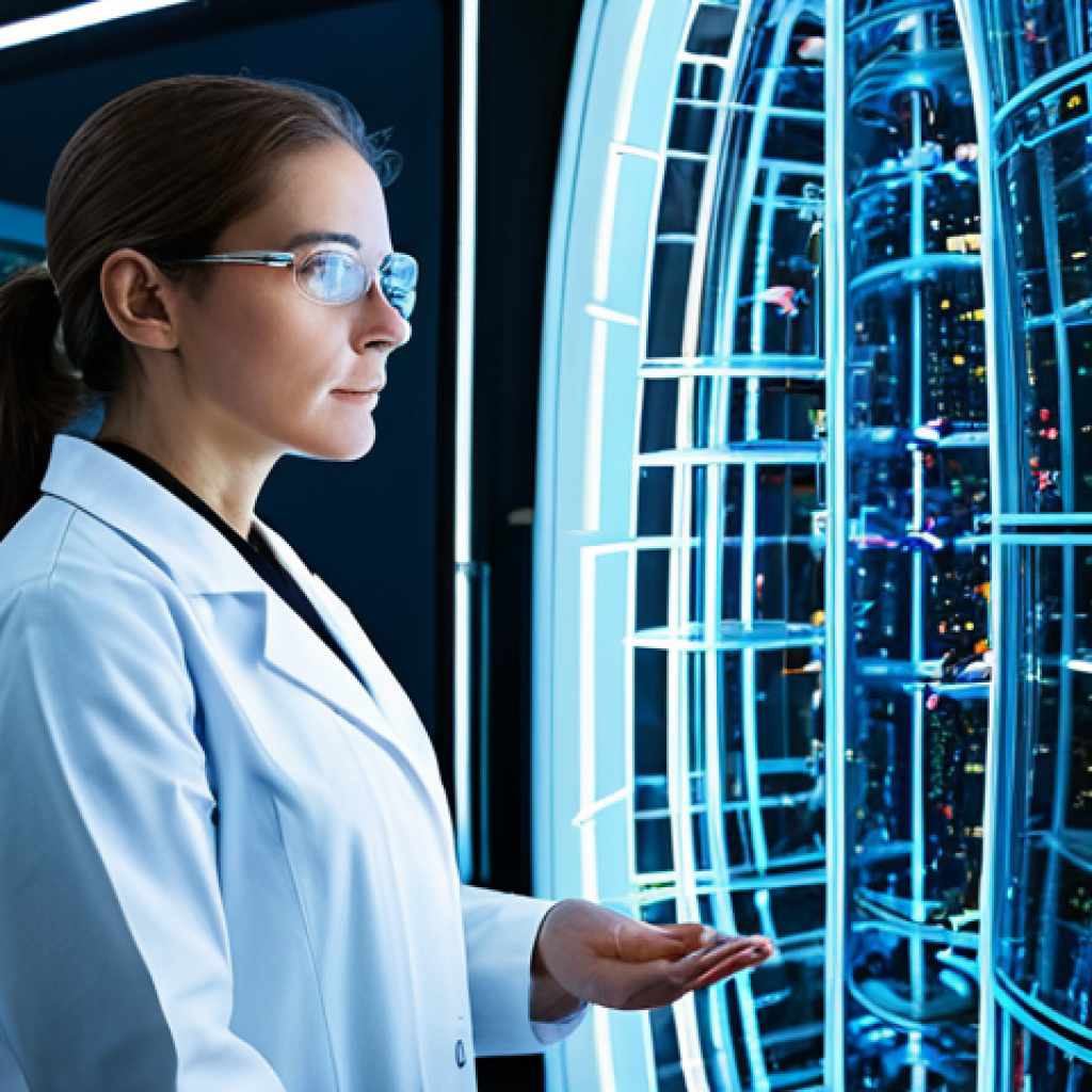 A professional female scientist, fully clothed in a modest lab coat and safety glasses, stands in a sophisticated, futuristic quantum research laboratory. She is observing a holographic display showing intricate molecular structures and drug simulations, with glowing quantum circuits visible in the background. The laboratory environment is pristine, well-lit, and equipped with advanced computing systems, emphasizing innovation and scientific breakthrough. Safe for work, appropriate content, fully clothed, professional dress, perfect anatomy, correct proportions, natural pose, well-formed hands, proper finger count, natural body proportions, high-quality professional photography.