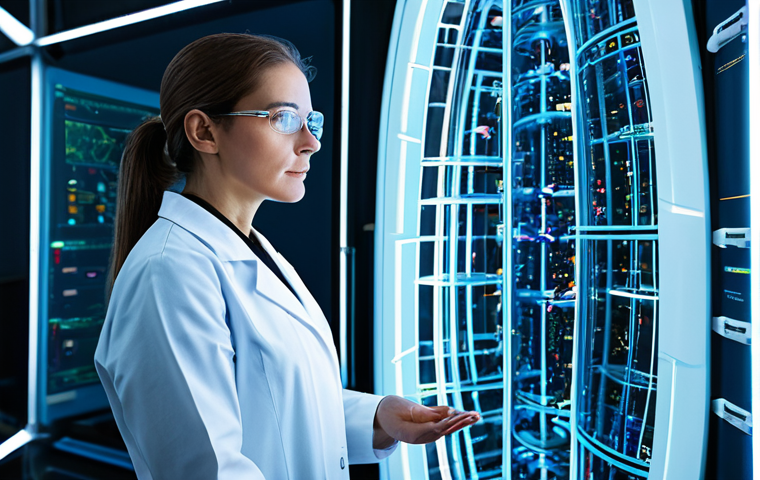 A professional female scientist, fully clothed in a modest lab coat and safety glasses, stands in a sophisticated, futuristic quantum research laboratory. She is observing a holographic display showing intricate molecular structures and drug simulations, with glowing quantum circuits visible in the background. The laboratory environment is pristine, well-lit, and equipped with advanced computing systems, emphasizing innovation and scientific breakthrough. Safe for work, appropriate content, fully clothed, professional dress, perfect anatomy, correct proportions, natural pose, well-formed hands, proper finger count, natural body proportions, high-quality professional photography.