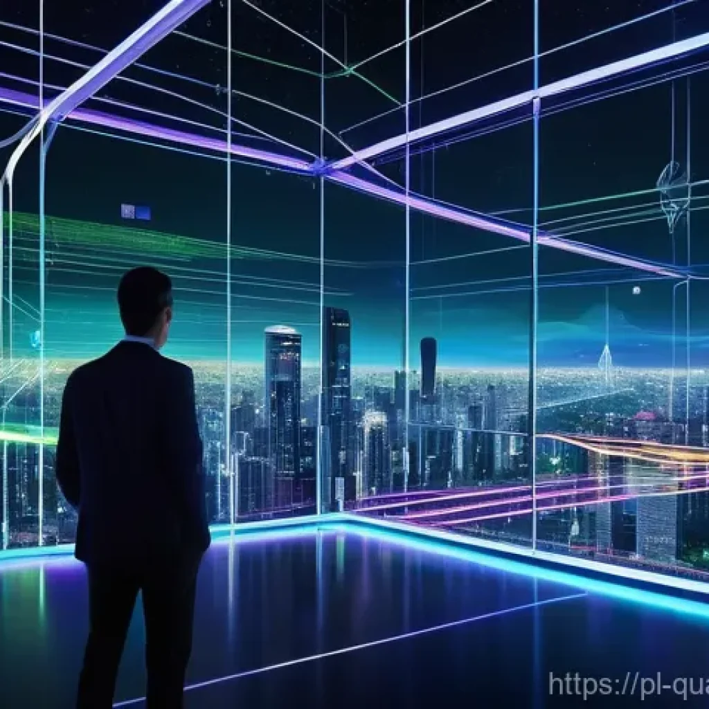 양자통신 기술의 발전 - **Prompt:** A visually stunning, futuristic cityscape at night, with towering, sleek buildings conne...