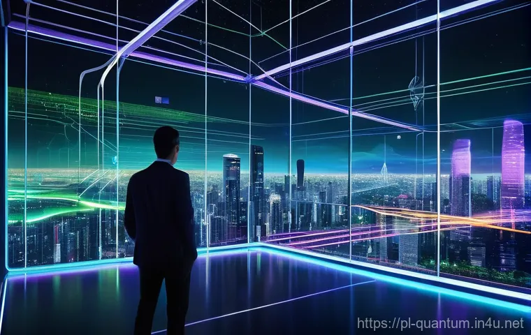 양자통신 기술의 발전 - **Prompt:** A visually stunning, futuristic cityscape at night, with towering, sleek buildings conne...