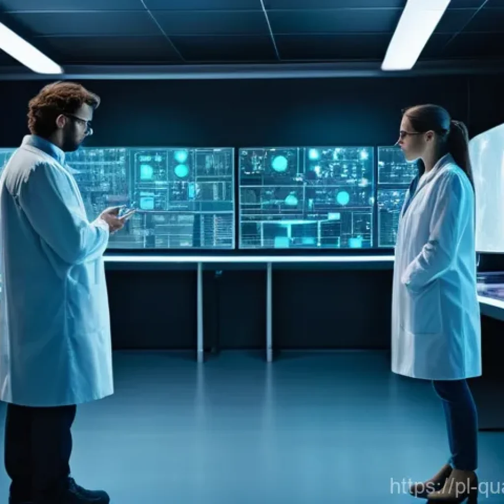 양자텔레포트 - **Prompt:** "A futuristic, clean laboratory environment with two scientists, one male and one female...