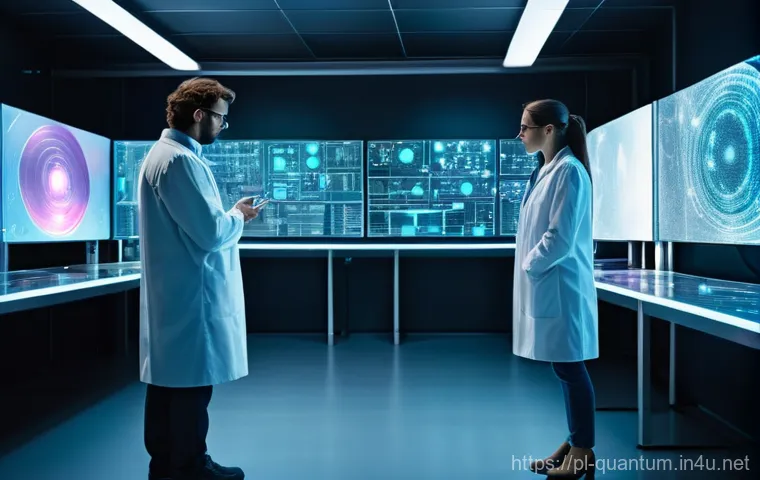 양자텔레포트 - **Prompt:** "A futuristic, clean laboratory environment with two scientists, one male and one female...