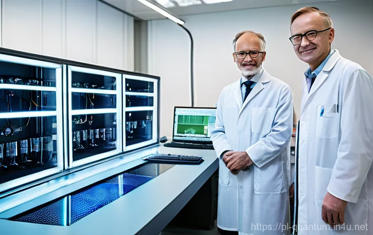 양자텔레포트 - **Prompt:** "A futuristic, clean laboratory environment with two scientists, one male and one female...
