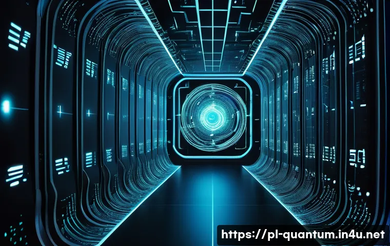 양자암호의 적용 사례 - **Quantum Protection in a Digital Landscape:**
    "A visually striking, abstract depiction of digit...