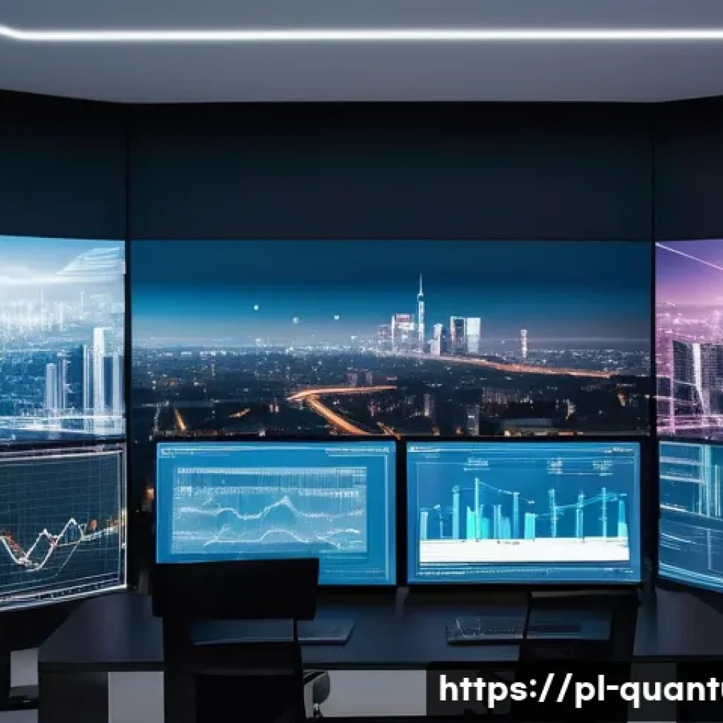 양자컴퓨터와 금융 모델링 - A futuristic financial analyst office with multiple holographic quantum computer interfaces displayi...