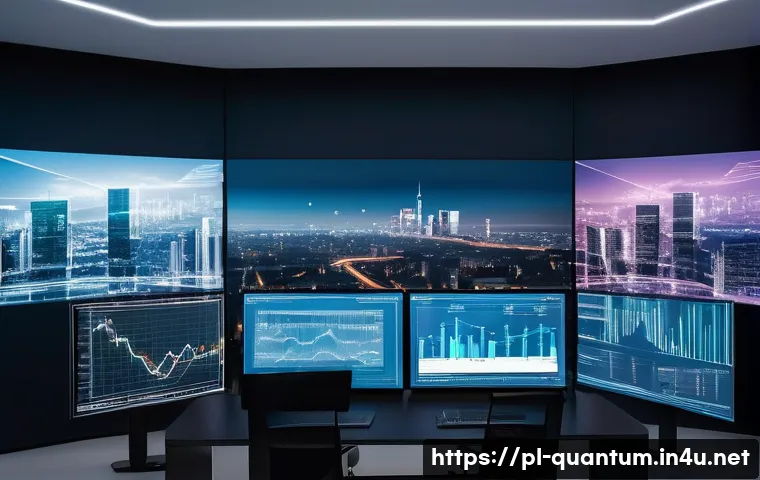 양자컴퓨터와 금융 모델링 - A futuristic financial analyst office with multiple holographic quantum computer interfaces displayi...