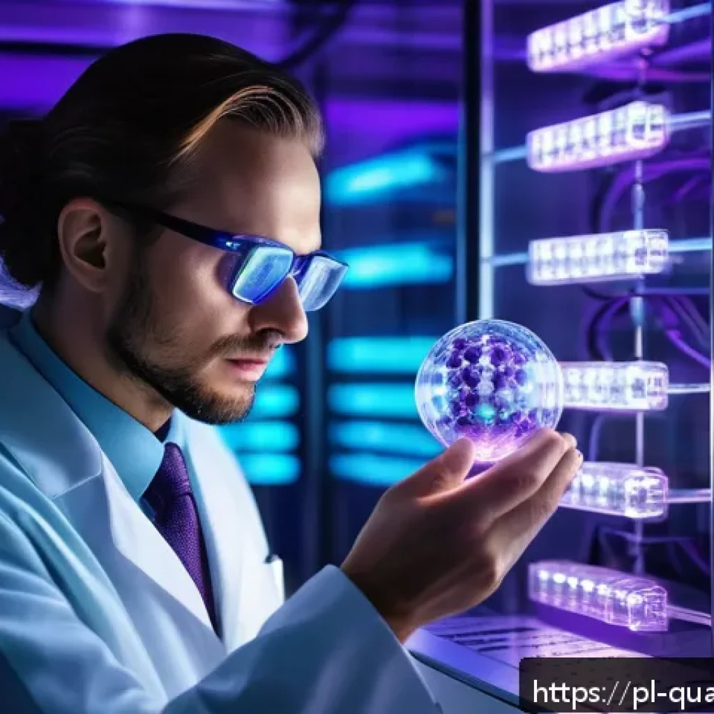 양자컴퓨터와 기존 컴퓨터 비교 - A futuristic quantum computing laboratory scene showing a scientist observing a complex quantum proc...