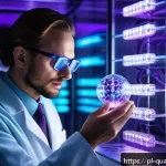 Home 22 양자컴퓨터와 기존 컴퓨터 비교 - A futuristic quantum computing laboratory scene showing a scientist observing a complex quantum proc...