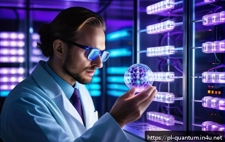 양자컴퓨터와 기존 컴퓨터 비교 - A futuristic quantum computing laboratory scene showing a scientist observing a complex quantum proc...