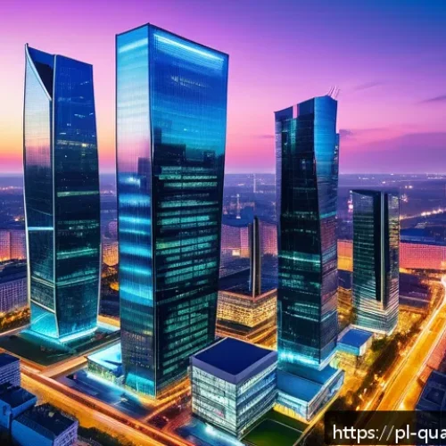 Home 33 양자통신을 위한 고속 네트워크 - A futuristic Polish cityscape at dusk showcasing a quantum communication network in action, with glo...