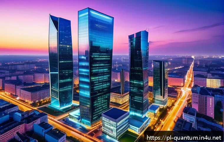 양자통신을 위한 고속 네트워크 - A futuristic Polish cityscape at dusk showcasing a quantum communication network in action, with glo...