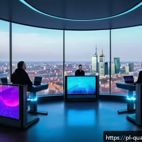 Home 32 양자컴퓨터의 미래 예측 - A futuristic Polish quantum computing laboratory scene, showing diverse engineers and scientists in ...
