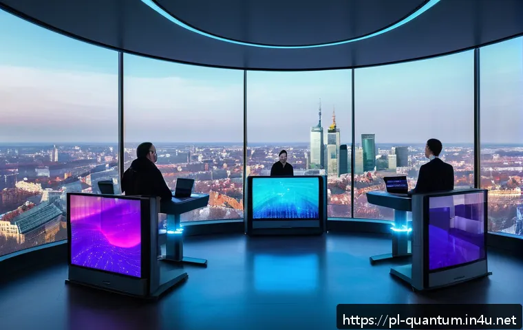 양자컴퓨터의 미래 예측 - A futuristic Polish quantum computing laboratory scene, showing diverse engineers and scientists in ...