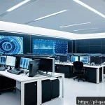 Home 18 양자통신의 보안성 향상 - A high-tech quantum communication laboratory in Poland, featuring scientists in modern business casu...