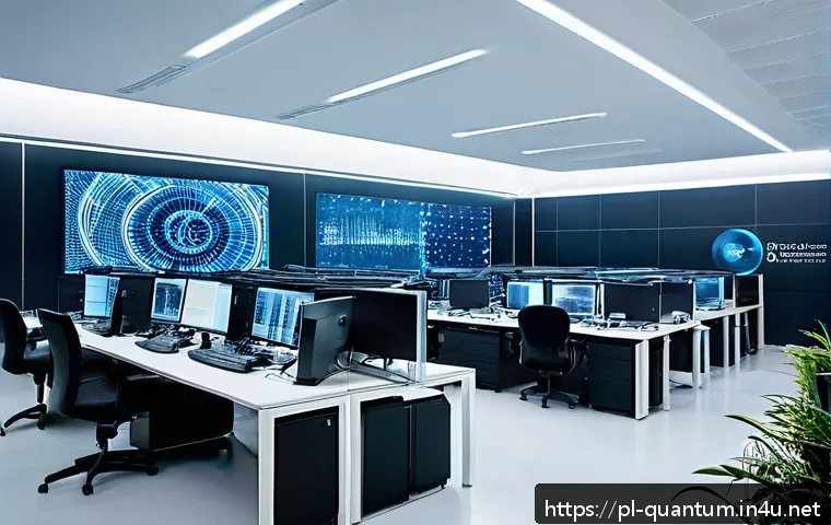 양자통신의 보안성 향상 - A high-tech quantum communication laboratory in Poland, featuring scientists in modern business casu...