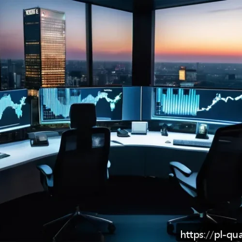 Home 17 양자컴퓨터의 금융 모델 - A futuristic financial analyst office in Warsaw, Poland, featuring a sleek quantum computer with glo...