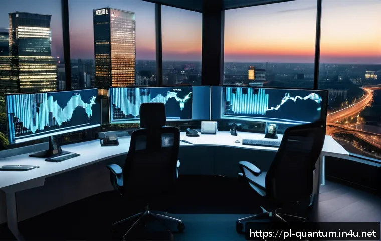 양자컴퓨터의 금융 모델 - A futuristic financial analyst office in Warsaw, Poland, featuring a sleek quantum computer with glo...