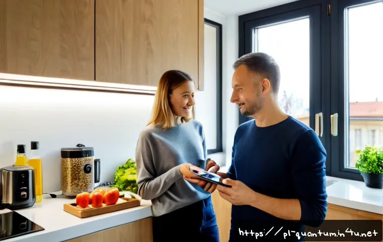 Home 13 양자컴퓨터와 인간생활 - Photorealistic modern Polish family kitchen in Warsaw, a middle-aged couple and teenage daughter usi...